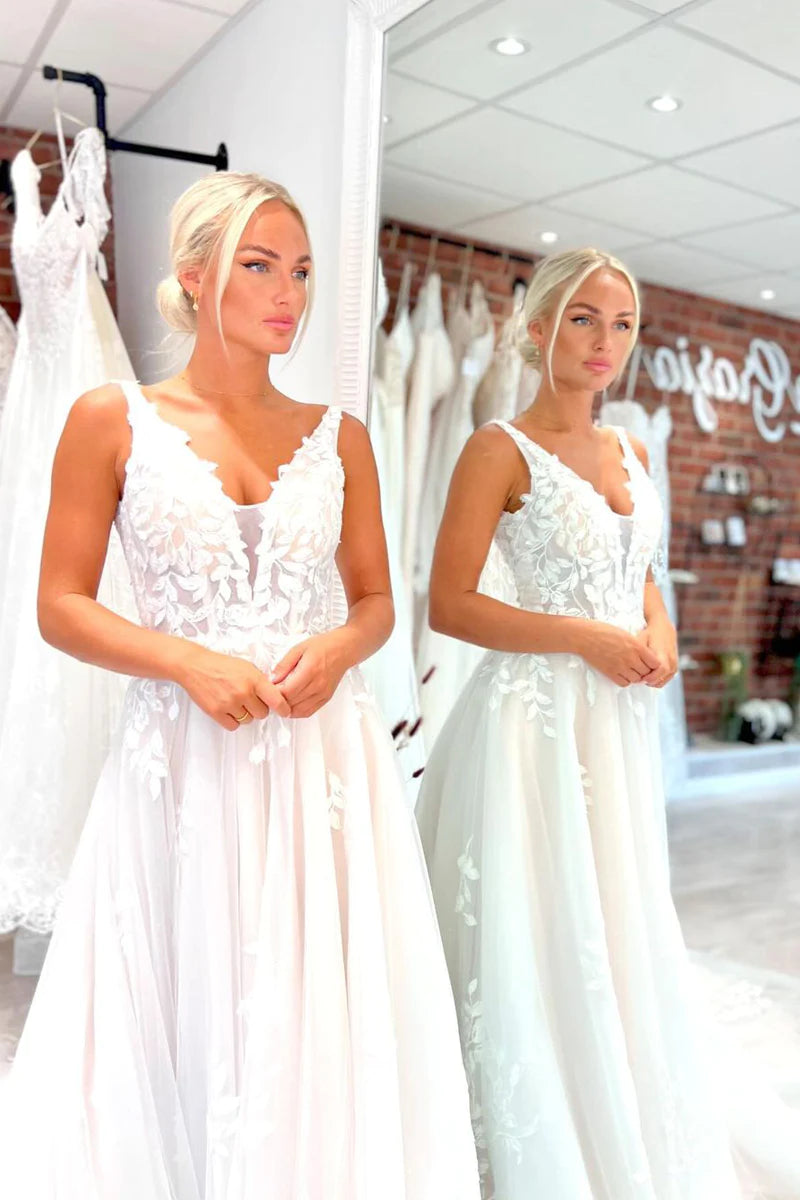 A-Line V Neck Tulle Appliques Wedding Dresses