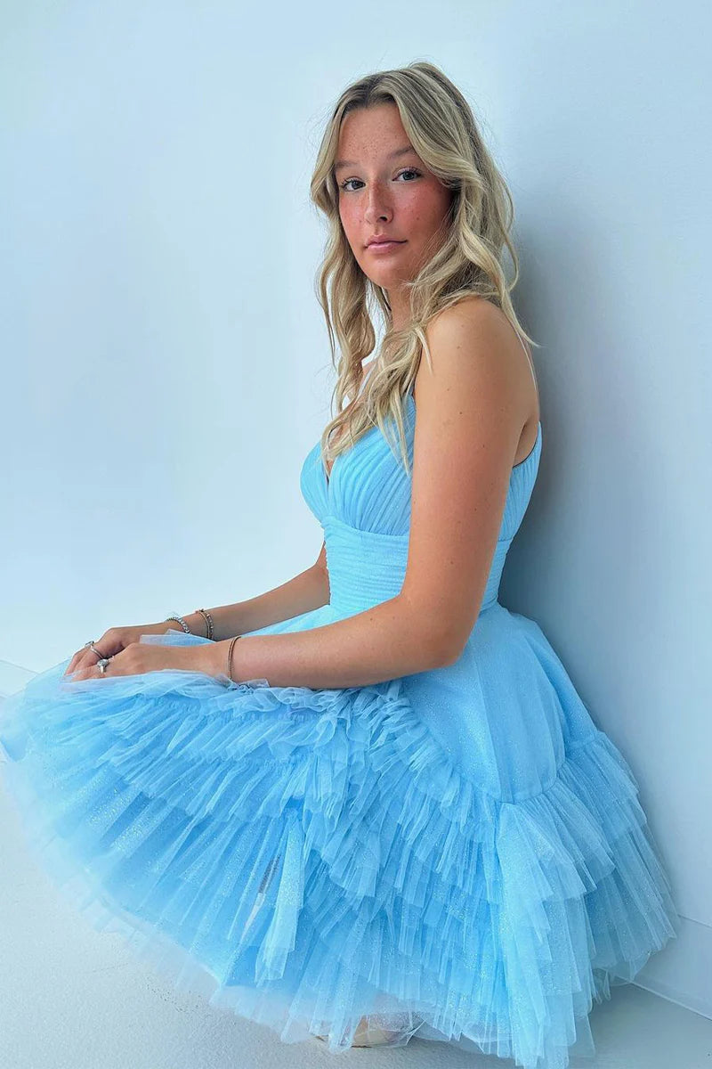 V Neck Blue Tulle Short Homecoming Dress