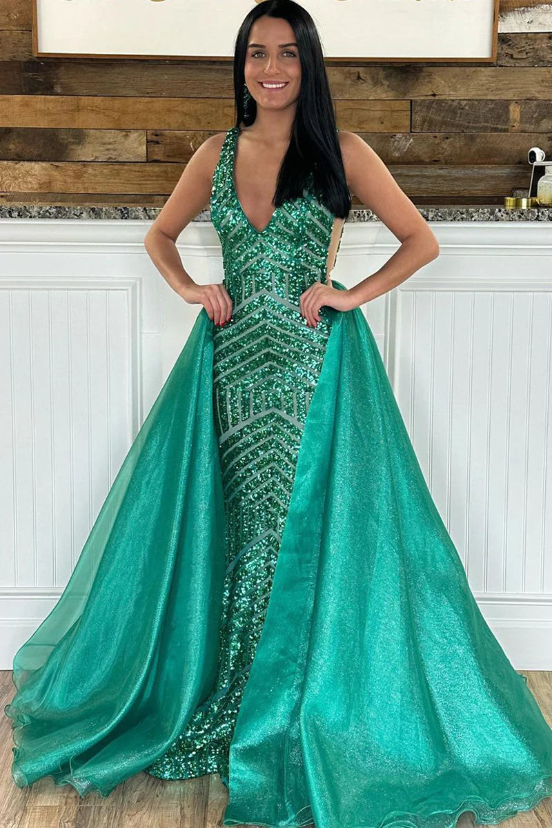 Dark Green Sequins Mermaid V Neck Long Prom Dress with Detachable Train