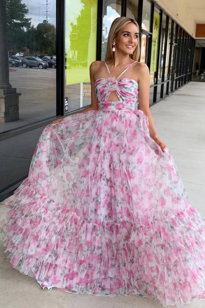 Pink Print Halter Keyhole A-Line Long Prom Dress