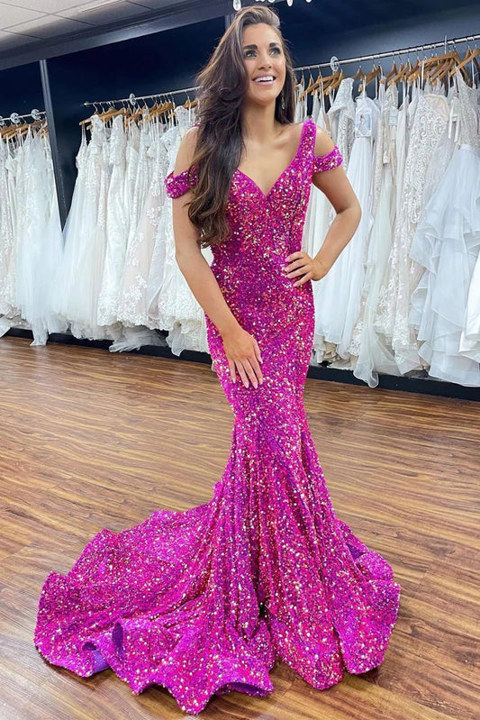 Mermaid Off-the-Shoulder Fuchsia Sequins Long Prom Dress