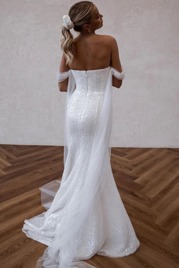 Charming Mermaid Off the Shoulder Sequins Wedding Dresses with Slit