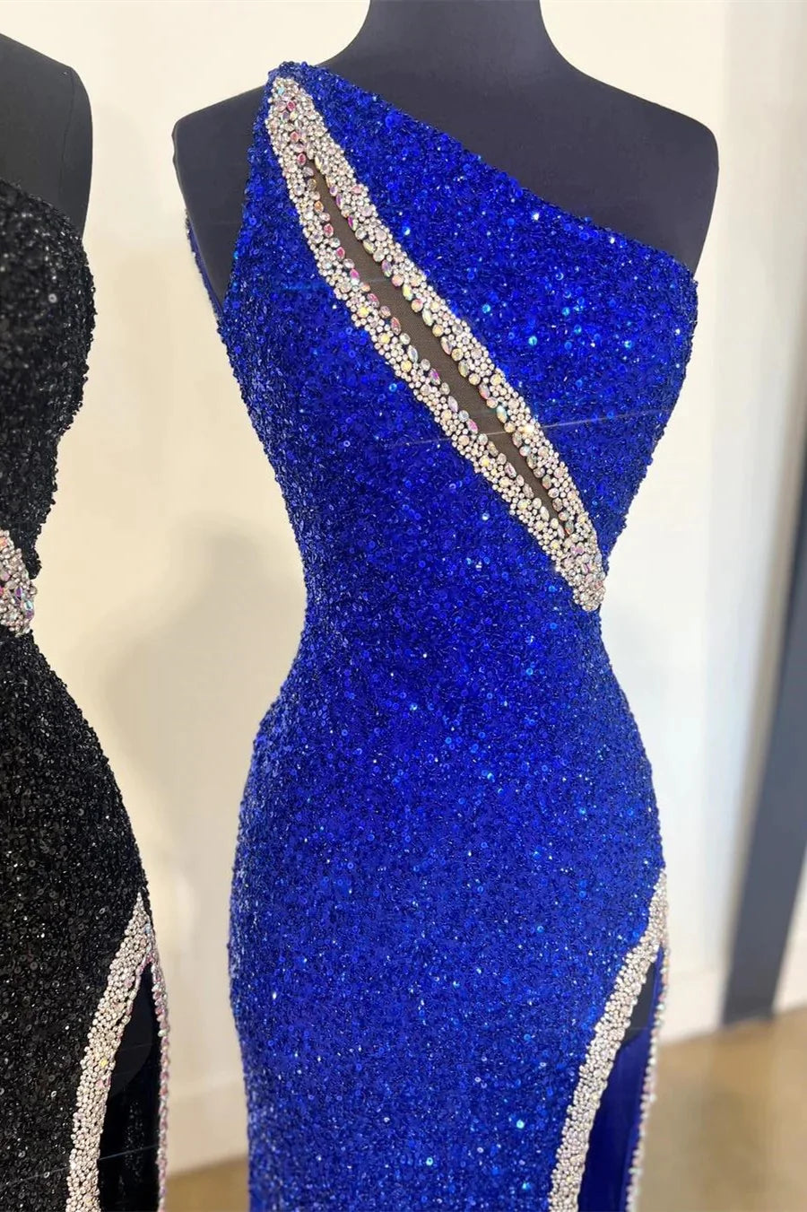 One-Shoulder Sequin Rhinestone Keyhole Long Dress with Slit