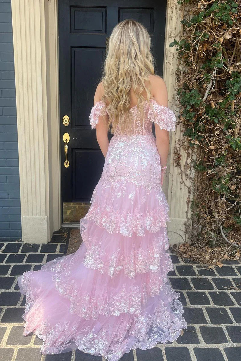 Pink Off the Shoulder Tiered Sequin Tulle Mermaid Long Prom Dresses