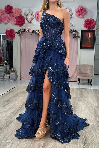 Sparkly A Line One Shoulder Navy Lace Corset Prom Dress with Ruffles