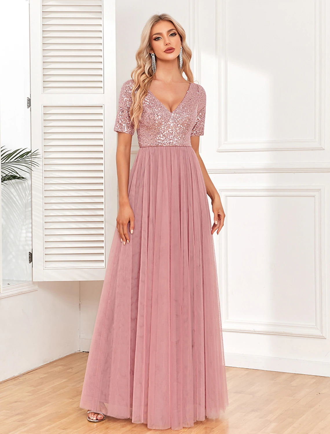 Women's Sequin Dress Party Dress Cocktail Dress Long Dress Maxi Dress Pink Short Sleeve Pure Color Zipper Summer Spring Fall V Neck Formal Evening Party