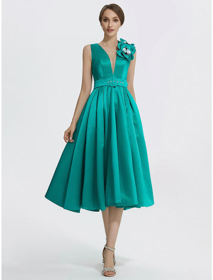 A-Line Cocktail Dresses Elegant Dress Formal Tea Length Sleeveless V Neck Satin with Appliques