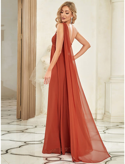 A-Line Evening Gown Empire Dress Wedding Guest Formal Evening Floor Length Sleeveless One Shoulder Bridesmaid Dress Chiffon Backless with Pleats Draping