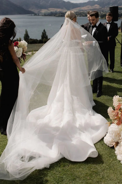 A-Line Off the Shoulder White Sequin Wedding Dresses