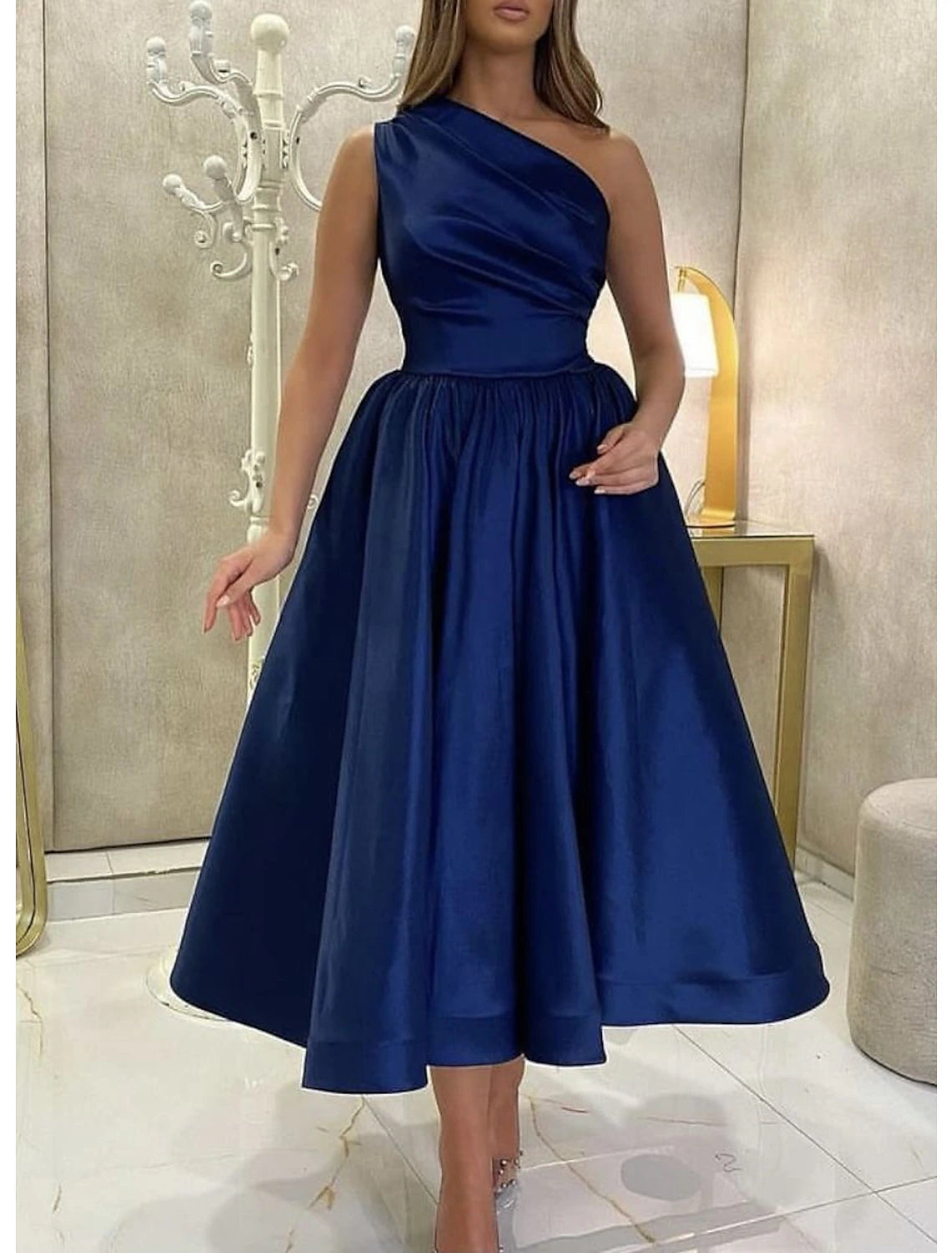 A-Line Cocktail Dresses High Split Dress Prom Birthday Tea Length Sleeveless One Shoulder Fall Wedding Guest Satin with Slit Pure Color