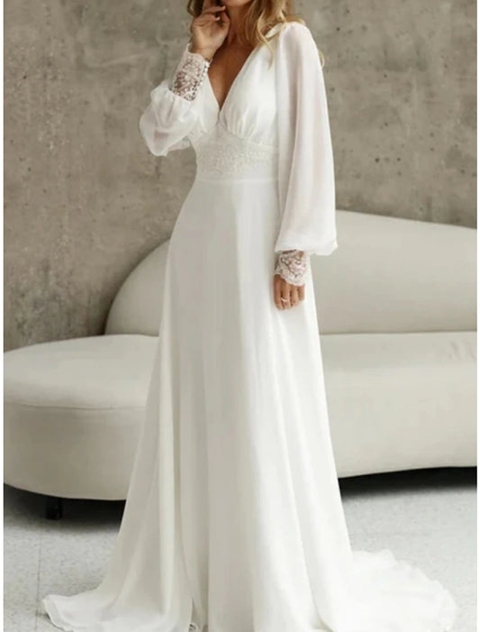 Beach Simple Wedding Dresses Formal Wedding Dresses A-Line Illusion Neck Long Sleeve Floor Length Tulle Bridal Gowns With Ruched Beading