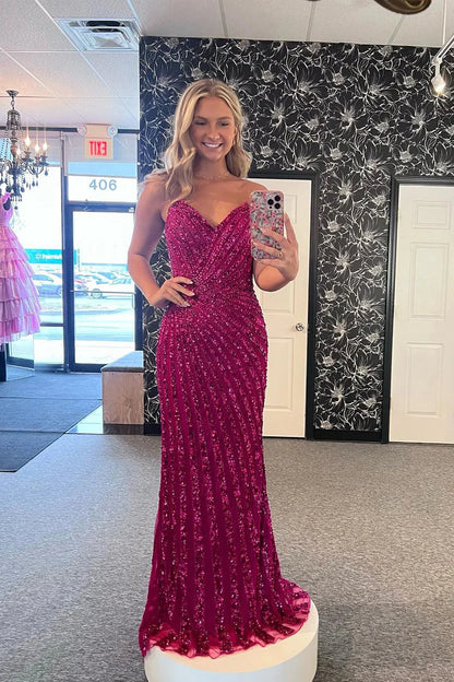 Fuchsia Strapless Sequins Mermaid Long Prom Dresses