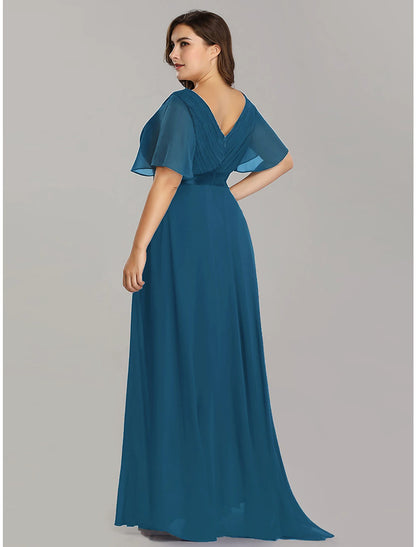 A-Line Mother of the Bride Dress Plus Size Elegant V Neck Floor Length Chiffon Short Sleeve with Sash / Ribbon Ruching