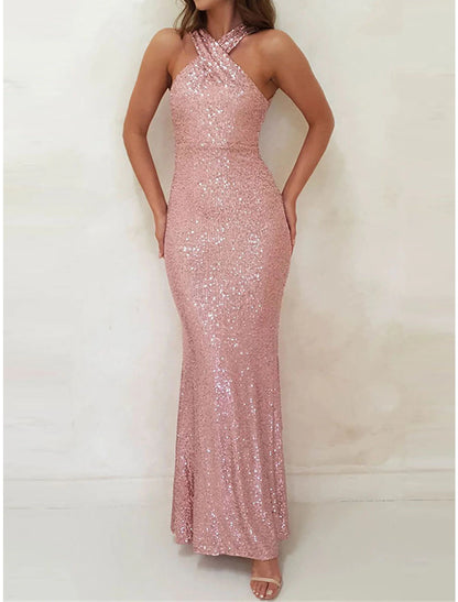 Women's Sequin Dress Prom Dress Party Dress Long Dress Maxi Dress Black Pink Red Sleeveless Plain Sequins Summer Spring Fall Halter Neck Elegant Wedding Guest Birthday Evening Party