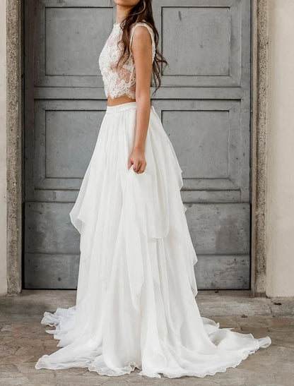 Boho Wedding Dresses Two Piece Scoop Neck Sleeveless Court Train Chiffon Bridal Suits Bridal Gowns With Appliques Solid Color