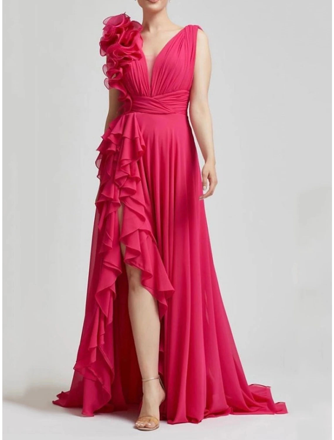 A-Line Evening Gown Elegant Dress Formal Sweep / Brush Train Sleeveless V Neck Chiffon with Pleats Ruched Ruffles