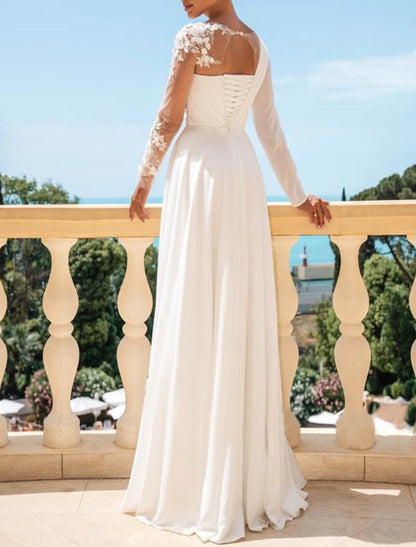 Beach Mature Wedding Dresses A-Line Scoop Neck Long Sleeve Sweep / Brush Train Chiffon Bridal Gowns With Pleats Split Fron