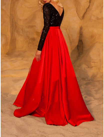 A-Line Evening Gown High Split Dress Formal Wedding Guest Sweep / Brush Train Long Sleeve V Neck Satin with Pleats Slit