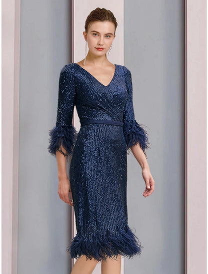 A-Line Mother of the Bride Dress Wedding Guest Sparkle & Shine Petite V Neck Knee Length Sequined Half Sleeve with Feather Ruching Solid Color