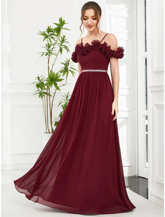 A-Line Prom Dresses Vintage Dress Wedding Guest Birthday Floor Length Sleeveless Off Shoulder Bridesmaid Dress Chiffon with Appliques Shouder Flower