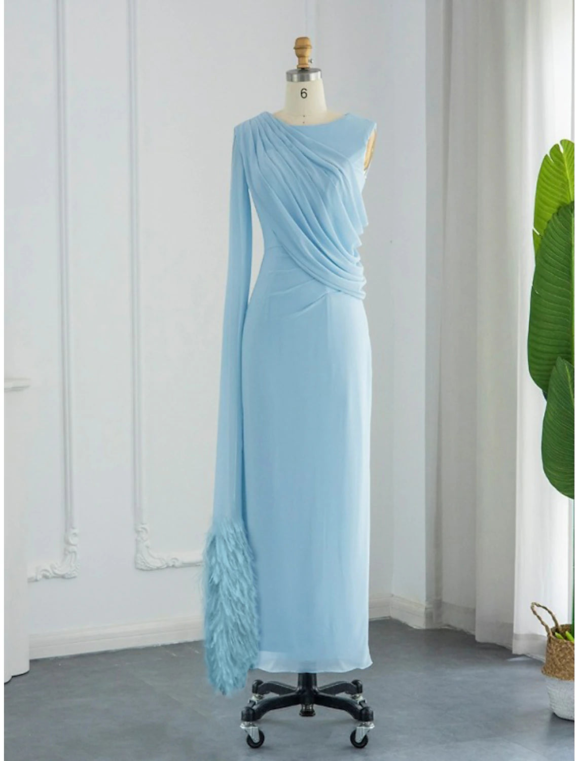 Sheath / Column Evening Gown Elegant Dress Formal Fall Sweep / Brush Train Sleeveless Cowl Neck Chiffon with Feather Ruched Slit