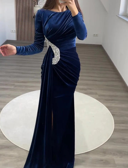 Sheath / Column Evening Gown Elegant Dress Formal Christmas Floor Length Long Sleeve Off Shoulder Fall Wedding Reception Velvet with Rhinestone Slit