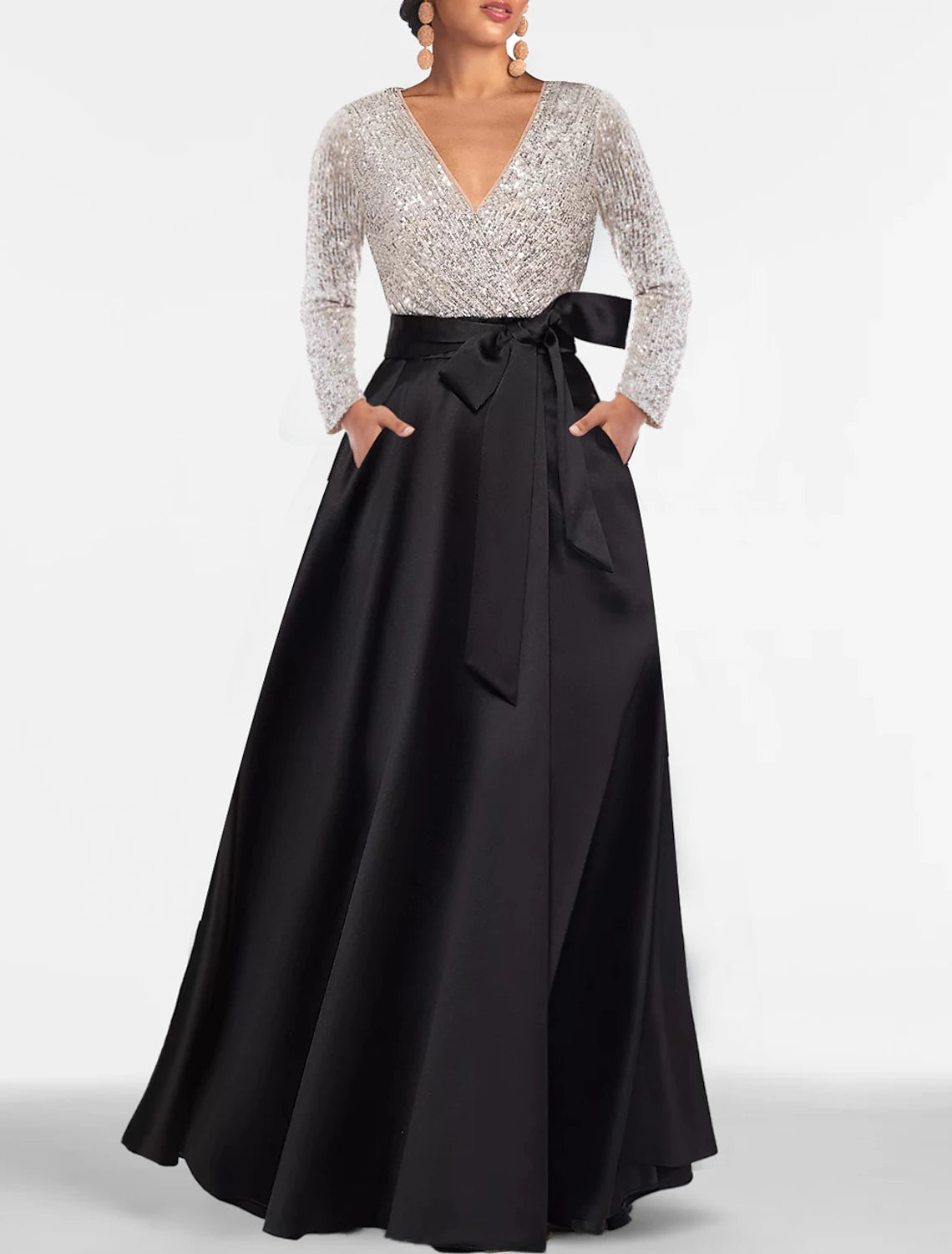 A-Line Evening Gown Elegant Dress Formal Floor Length Long Sleeve V Neck Fall Wedding Guest Satin with Sequin Pocket