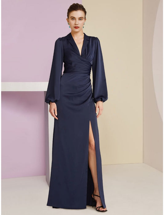 Sheath / Column Mother of the Bride Dress Wedding Guest Elegant V Neck Floor Length Stretch Satin Long Sleeve with Split Front Ruching