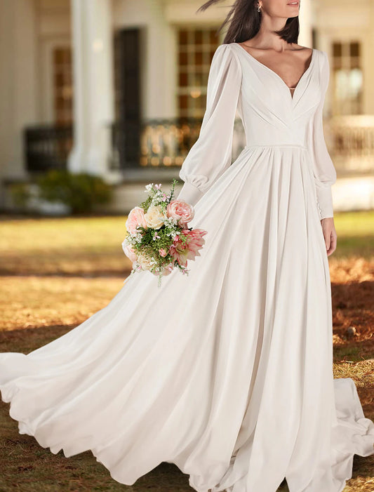 Simple Wedding Dresses A-Line V Neck Long Sleeve Sweep / Brush Train Chiffon Bridal Gowns With Pleats