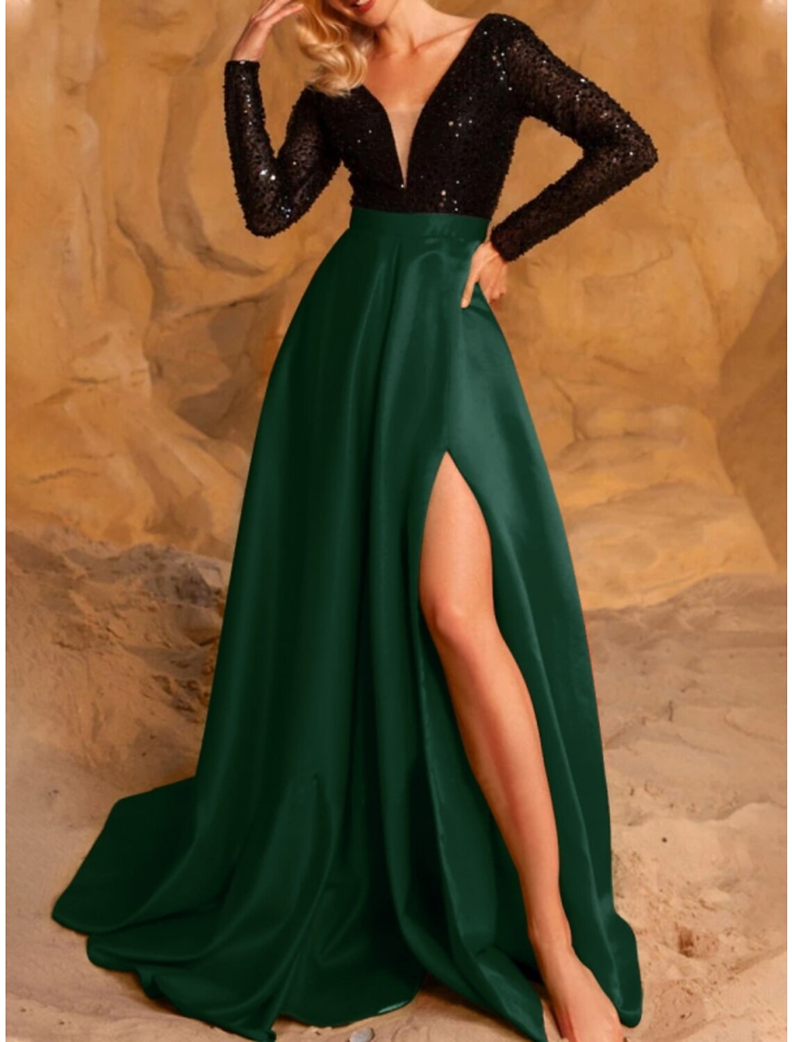 A-Line Evening Gown High Split Dress Formal Wedding Guest Sweep / Brush Train Long Sleeve V Neck Satin with Pleats Slit