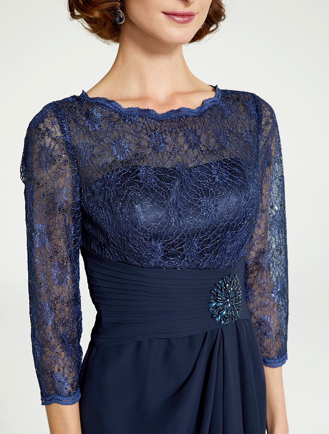 A-Line Mother of the Bride Dress Jewel Neck Floor Length Chiffon Lace 3/4 Length Sleeve with Lace Ruching