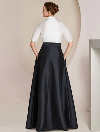 A-Line Mother of the Bride Dress Formal Wedding Guest Party Elegant Shirt Collar Floor Length Taffeta Short Sleeve with Bow(s) Color Block