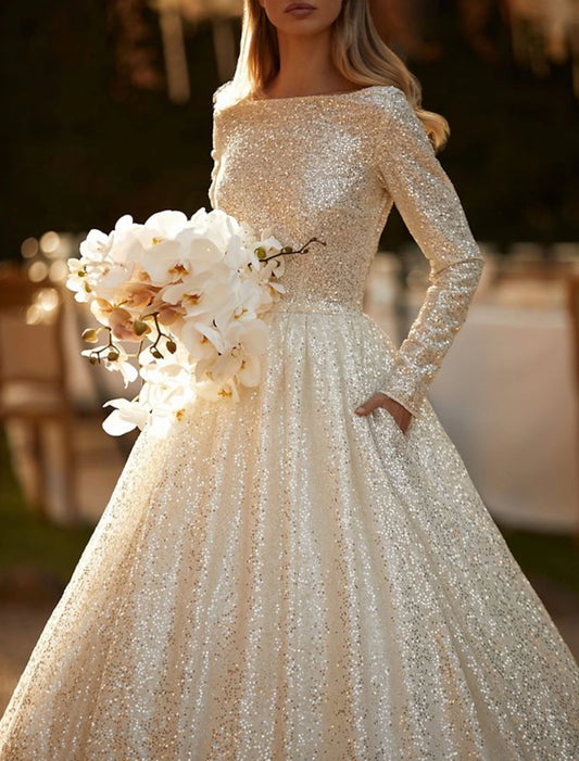 Engagement Sparkle & Shine Formal Fall Wedding Dresses Ball Gown Scoop Neck Long Sleeve Chapel Train Sequined Bridal Gowns With Solid Color  Summer Wedding Party, Women‘s Clothing