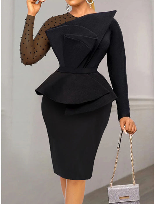 Women‘s Black Dress Cocktail Dress Party Dress Bodycon Midi Dress Long Sleeve Ruffle Fall Winter Autumn Crew Neck Fashion Winter Dress Birthday Wedding Guest