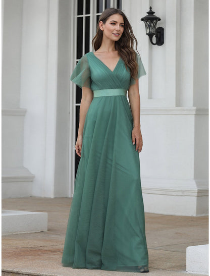 A-Line Empire Wedding Guest Prom Dress V Neck V Back Short Sleeve Floor Length Chiffon with Pleats Ruche