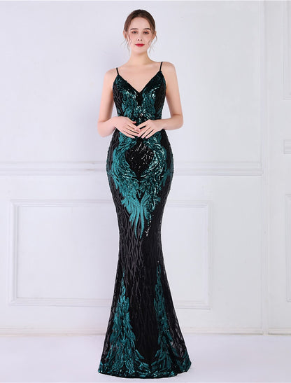 Mermaid / Trumpet Evening Gown Sparkle & Shine Dress Formal Wedding Guest Floor Length Sleeveless Spaghetti Strap Sequined with Sequin