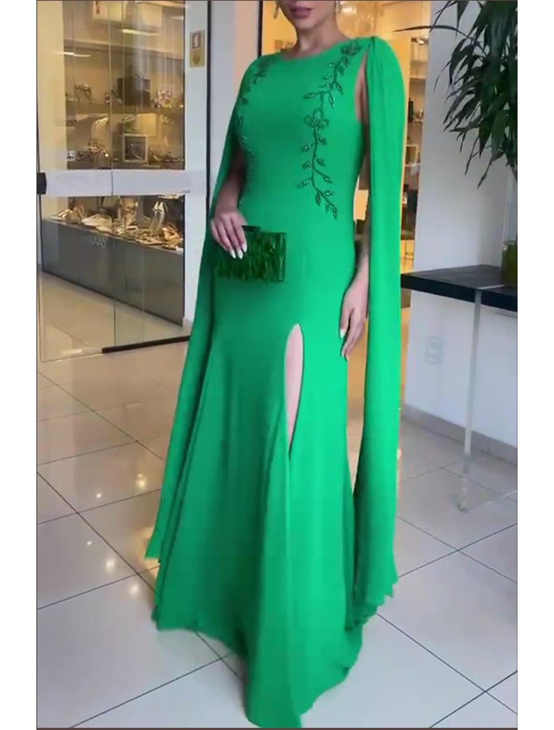 A-Line Evening Gown Elegant Dress Wedding Guest Black Tie Floor Length Long Sleeve Jewel Neck Capes Stretch Chiffon with Appliques