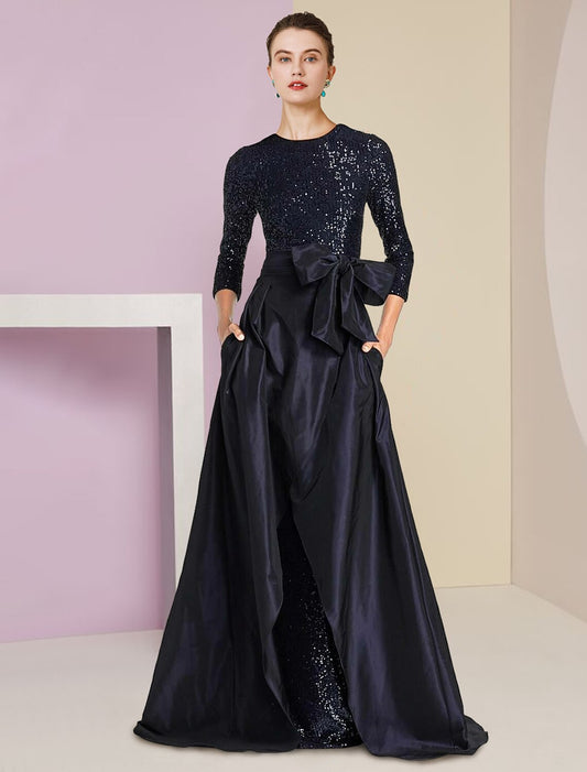 Two Piece Sheath / Column Mother of the Bride Dress Formal Wedding Guest Sparkle & Shine Elegant Scoop Neck Floor Length Detachable Taffeta Sequined 3/4 Length Sleeve with Bow(s)