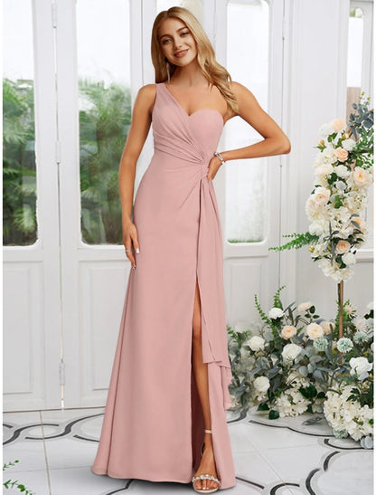 A-Line Bridesmaid Dress One Shoulder Sleeveless Elegant Floor Length Chiffon with Split Front / Ruchin