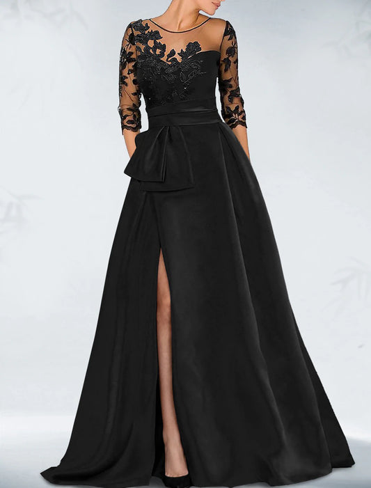 A-Line Evening Gown Black Dress Dress Wedding Guest Fall Court Train 3/4 Length Sleeve Jewel Neck Satin with Beading Slit Appliques