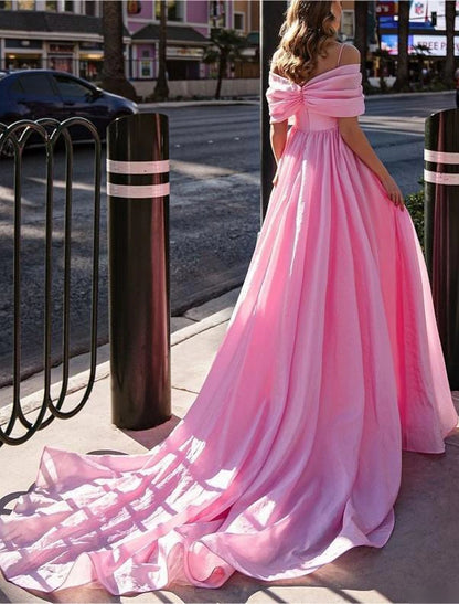 Ball Gown Prom Dresses High Split Dress Wedding Prom Court Train Short Sleeve Off Shoulder Stretch Chiffon with Slit