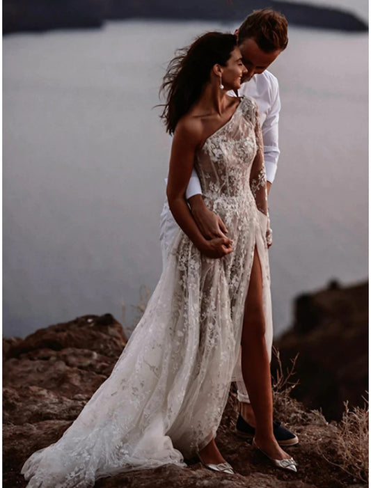 Beach Sexy Boho Wedding Dresses A-Line One Shoulder Long Sleeve Sweep / Brush Train Lace Bridal Gowns With Split Front