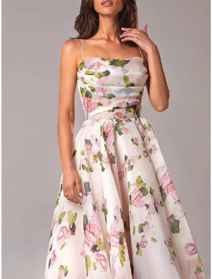 A-Line Homecoming Dresses Princess Dress Wedding Guest Holiday Tea Length Sleeveless Spaghetti Strap Organza with Print