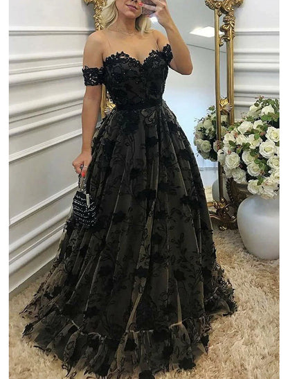 Ball Gown A-Line Prom Dresses Color Block Dress Formal Prom Floor Length Sleeveless Sweetheart Wednesday Addams Family Lace Backless with Beading Appliques