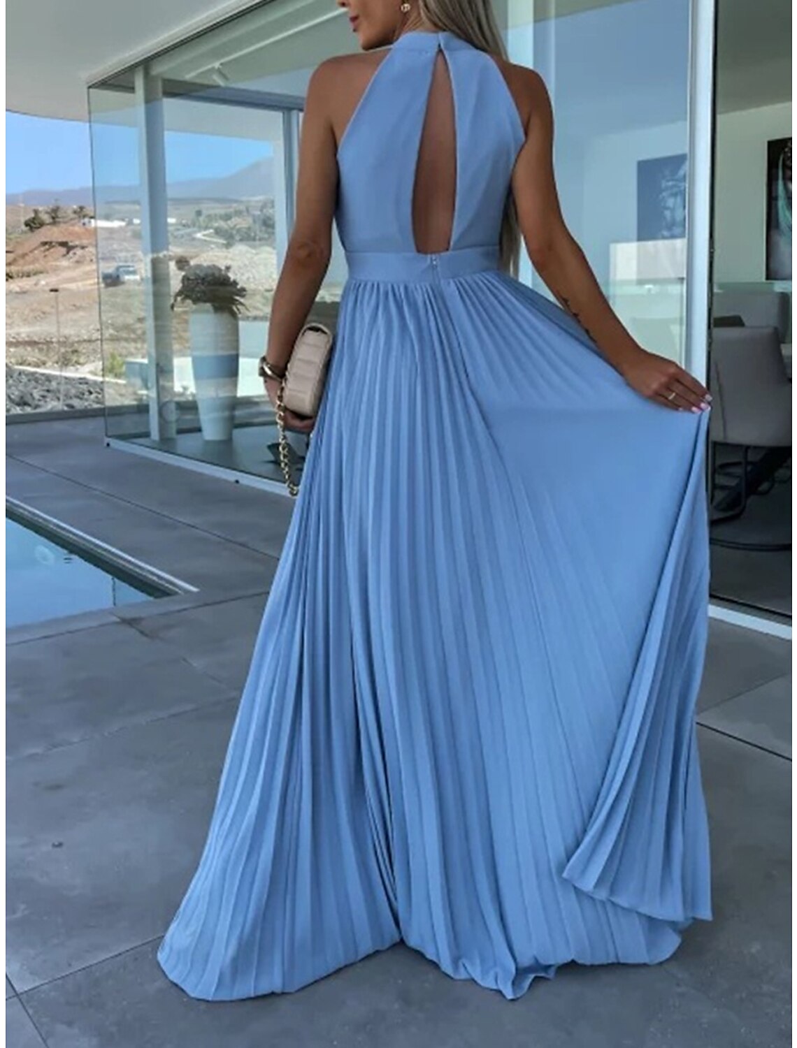 Women's Long Dress Maxi Dress Party Dress Casual Dress Summer Dress Pure Color Streetwear Casual Outdoor Holiday Going out Ruched Pleated Sleeveless Halter Neck Dress Slim Pink Blue Summer Spring S M