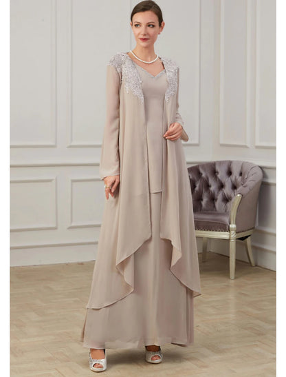 A-Line Mother of the Bride Dress Wedding Guest Elegant Jewel Neck Floor Length Chiffon Long Sleeve Jacket Dresses with Appliques Fall