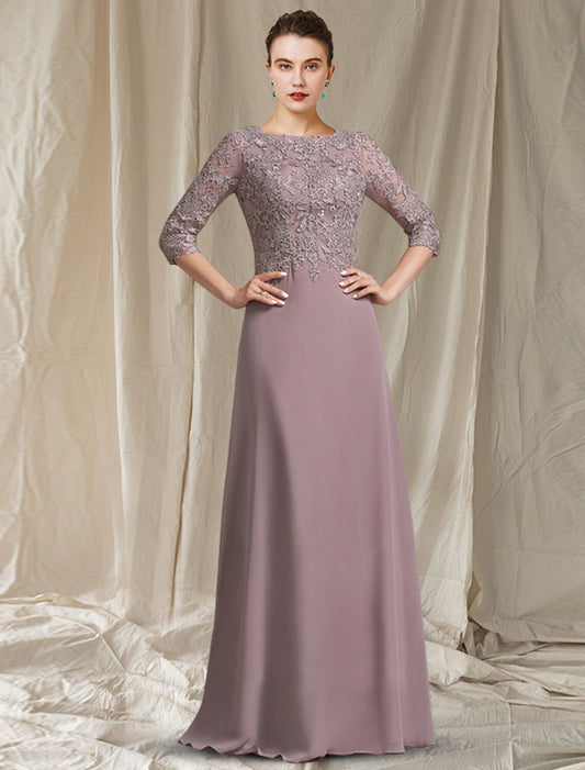 A-Line Mother of the Bride Dress Elegant Jewel Neck Floor Length Chiffon Lace 3/4 Length Sleeve with Appliques