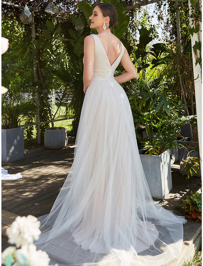 Reception Casual Wedding Dresses A-Line V Neck Sleeveless Sweep / Brush Train Tulle Bridal Gowns With Lace Embroidery