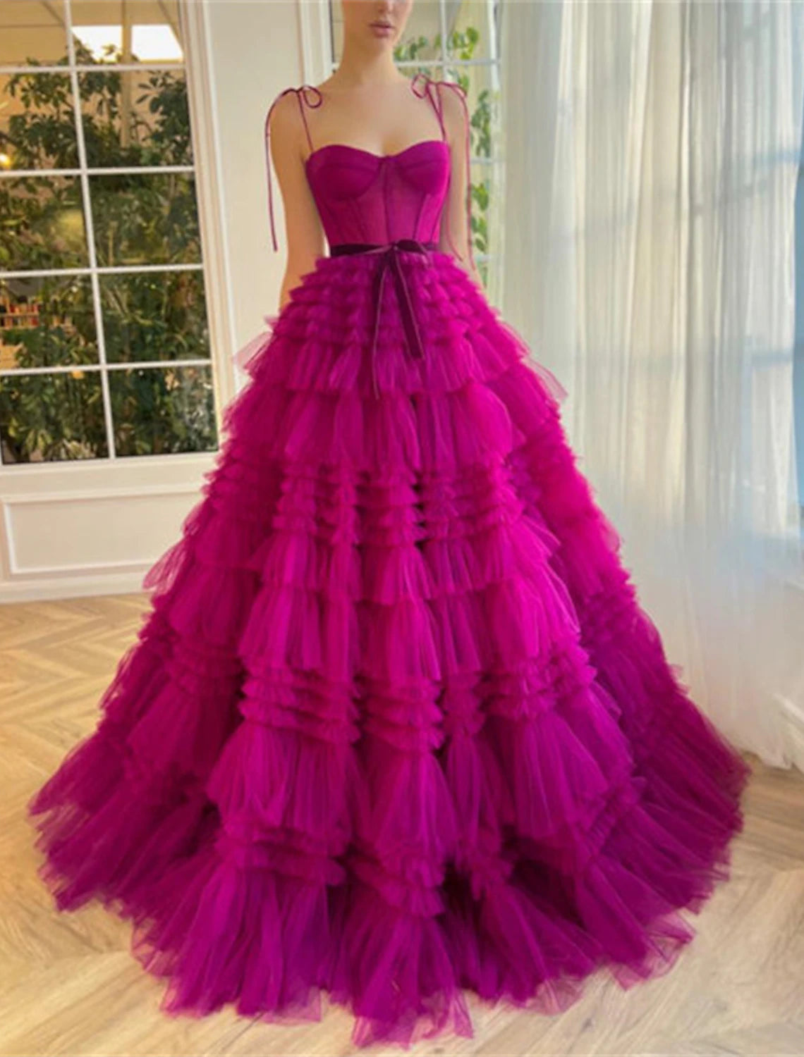 Ball Gown Evening Gown Puffy Dress Wedding Party Birthday Floor Length Sleeveless Spaghetti Strap Tulle with Ruffles Strappy