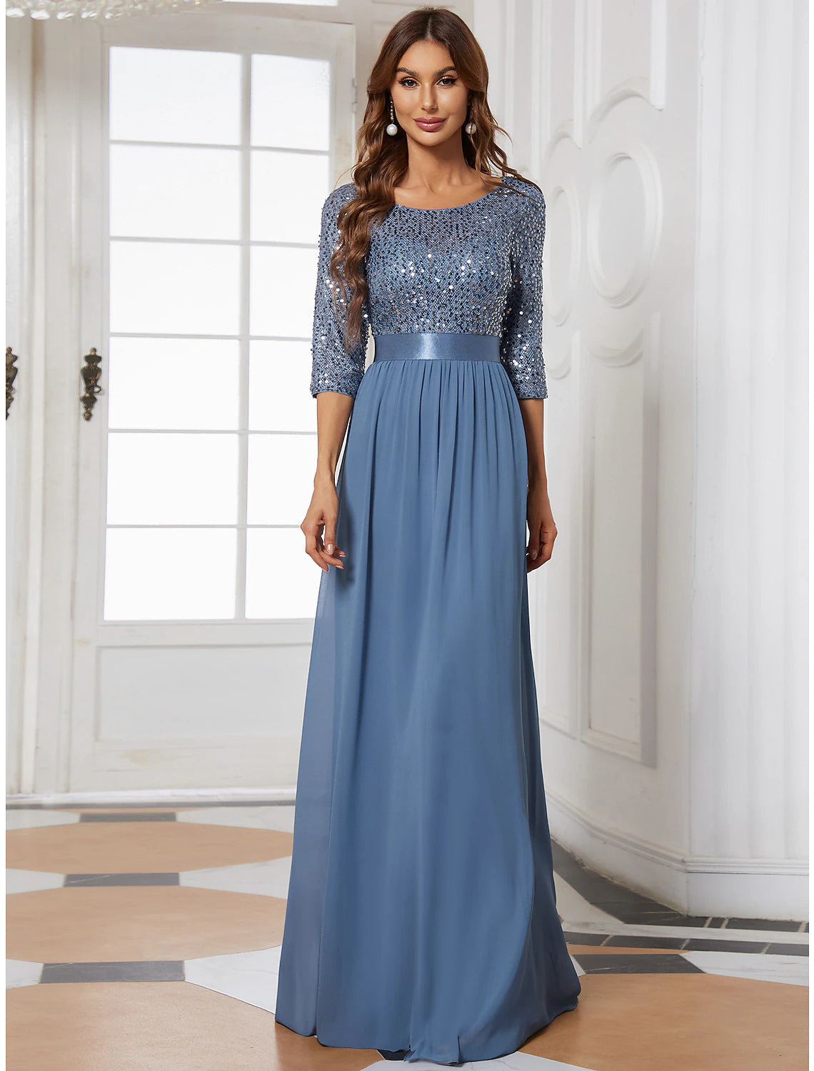 A-Line Mother of the Bride Dress Wedding Guest Plus Size Elegant Jewel Neck Floor Length Tulle Sequined 3/4 Length Sleeve with Sequin Fall